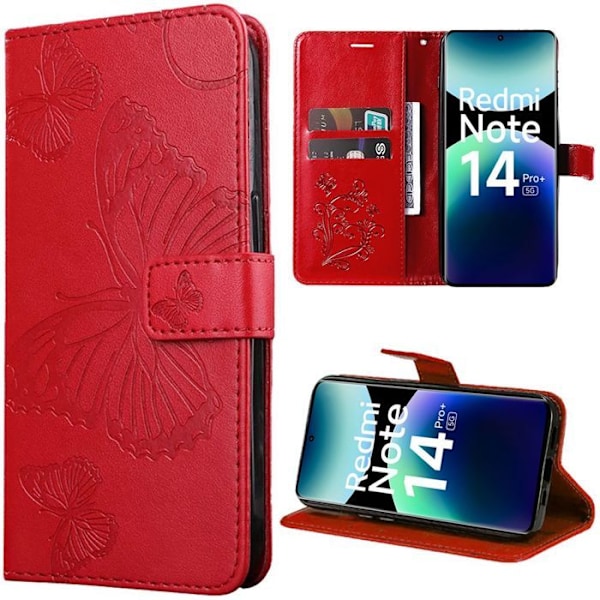 Coque för Xiaomi Redmi Note 14 Pro Plus 5G/Note 14 Pro+ 5G, Skydd i syntetiskt läder med röd fjärilsdesign Röd