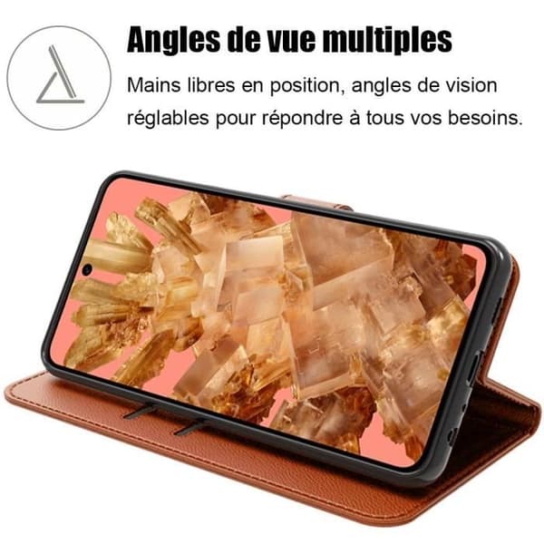 Coque - E.F.CONNECTION - För Google Pixel 8 - Brun PU-läder - Justerbart ställ - Magnetisk kastanj