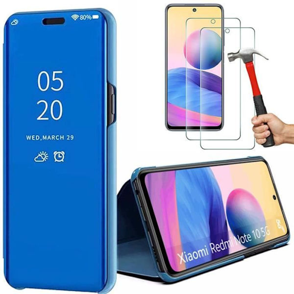Set med 2 härdade glasögon + fodral för Redmi Note 10 5G (6,5") Blå Anti-Shock Fullt skydd 360 graders spegeleffekt Reflexspegel