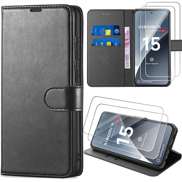 Coque + 2 Doppelförschwung für Xiaomi 15, Skydd med Flip-fodral, Repfria och Stötsäkra i Syntetläder - Svart Svart