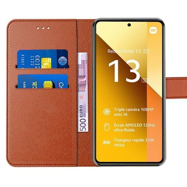 Coque + 2 Tårede Glas - E.F.Connection - Redmi Note 13 5G - Magnetisk Stødabsorberende Etui - PU Læder - Brun kastanj