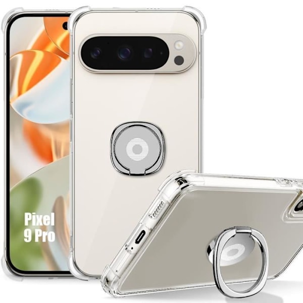 Fodral till Google Pixel 9 Pro - Stötsäkert transparent silikonskydd med Silver Ring Support