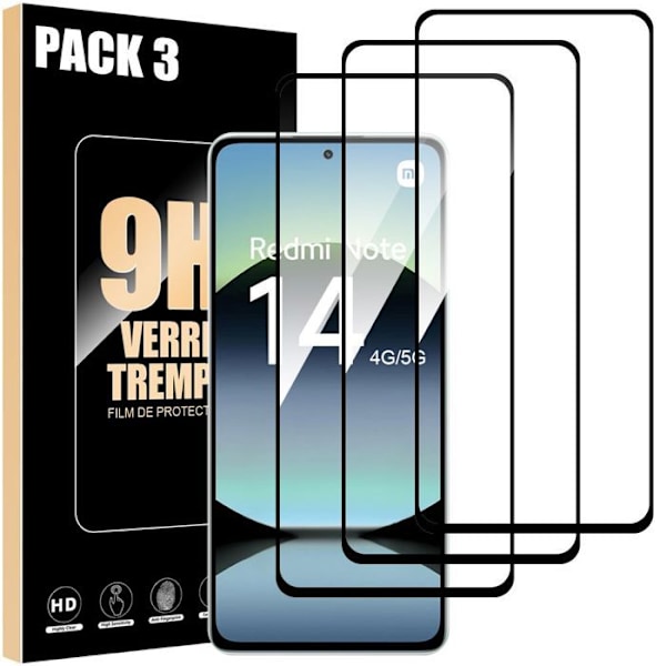 Skyddsglas i härdat glas - Xiaomi - Redmi Note 14 - Paket om 3 - Rep- resistent - 9H Transparent med svart kant