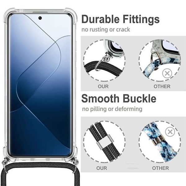 Fodral till Xiaomi 14 Pro - Transparent skydd Förstärkt hörn + vit axelrem