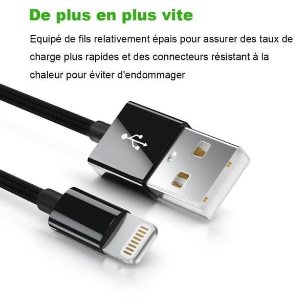 USB-kabel - E.F.CONNECTION - 2M - Nylon - Svart - Kompatibel med iPhone/iPad