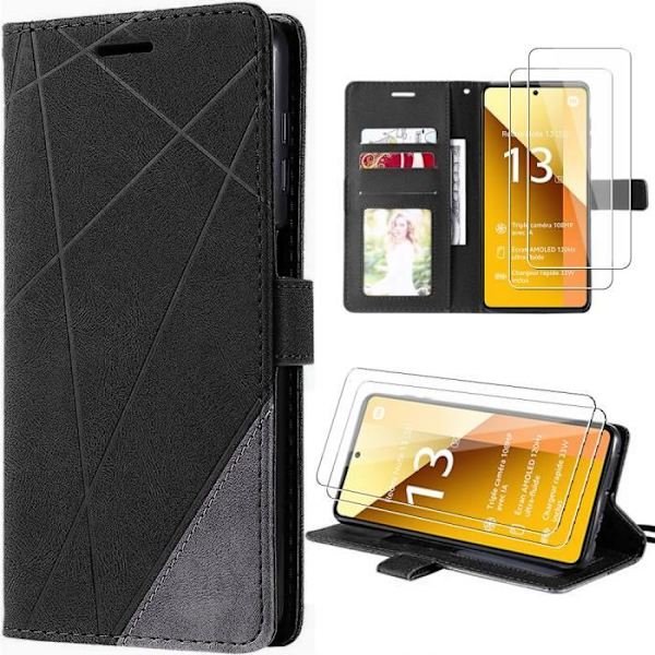 Etui + 2 hærdede briller til Xiaomi Redmi Note 13 5G (ikke til 4G), PU-læder med kortholder og stativ, retrodesign - sort
