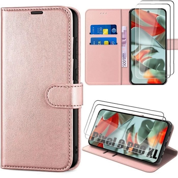 Etui + 2 fuldt hærdede briller til Google Pixel 9 Pro XL, Pink PU-læder Flip-etui Stødsikker anti-ridse