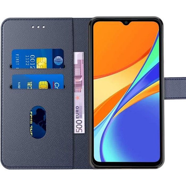 Set med 2 härdade glasögon + fodral för Redmi 9C (6,53") Marinblå 360-graders skydd Anti-Shock Anti-Scratch Lädereffekt marinblå