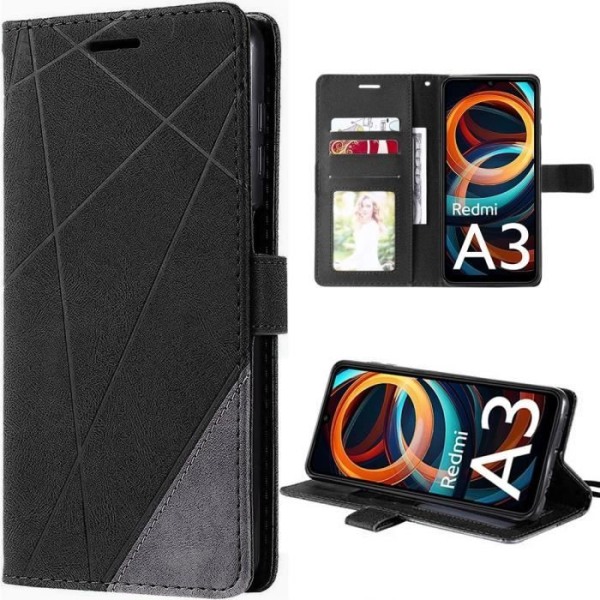 Coque til Xiaomi Redmi A3 - E.F.Connection - Sort - Stødabsorberende beskyttelse - Syntetisk læder - Indbygget støtte Svart