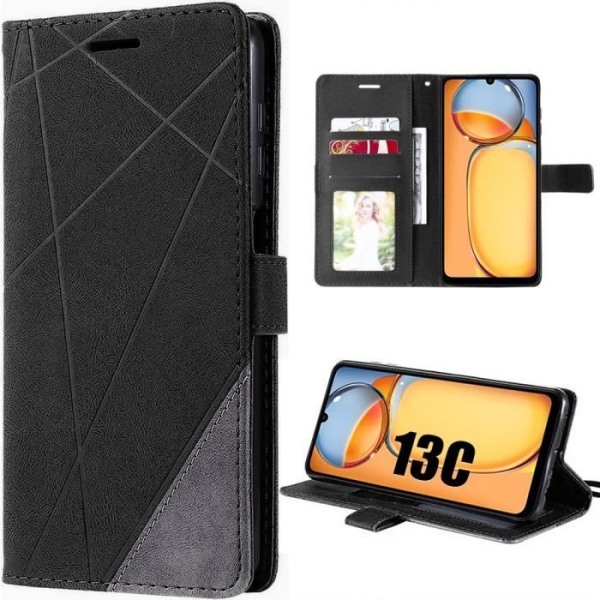 Coque - Xiaomi - Redmi 13C - PU Læder - Kortlomme - Justerbar Stander - Sort Svart