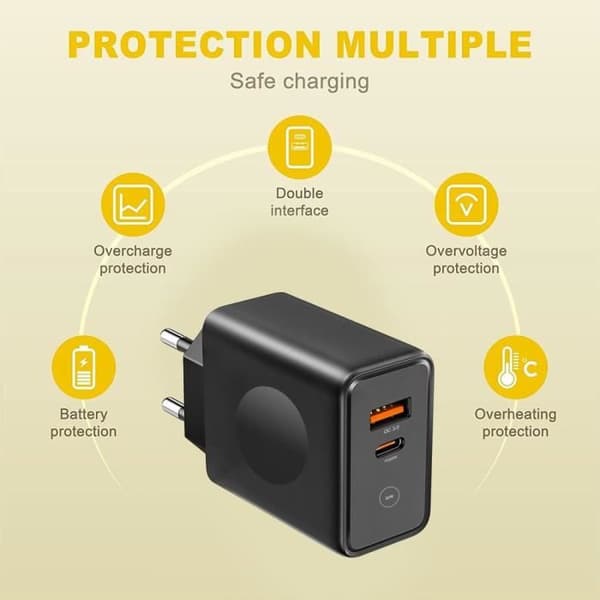 Snabbladdare 30W - E.F.CONNECTION - 2 portar - USB-C 1M - Kompatibel med OPPO 5G Svart