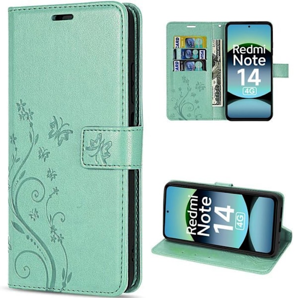 Coque för Xiaomi Redmi Note 14 4G (inte för 5G) Flip Case Syntetisk Läder Anti-Rip Mönster Växt Fjäril Grön Grön