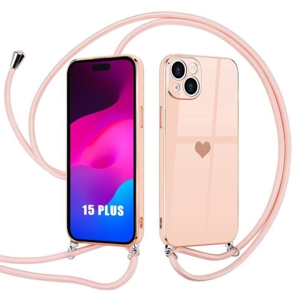 Lanyard-etui til iPhone 15 Plus, stødsikkert hjertemønster anti-ridse blødt - Pink