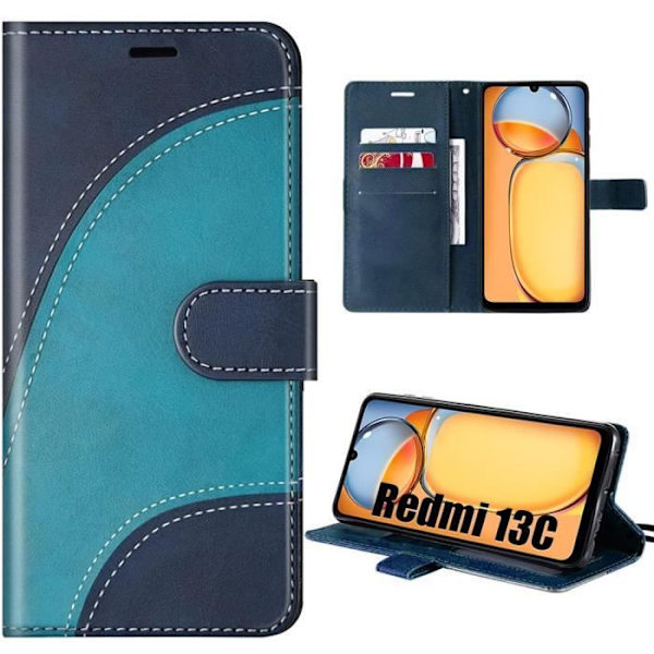 Coque - Xiaomi - Redmi 13C - Stødabsorberende - PU Læder - Kortlomme - Indbygget Støtte Marinblå, ljusblå