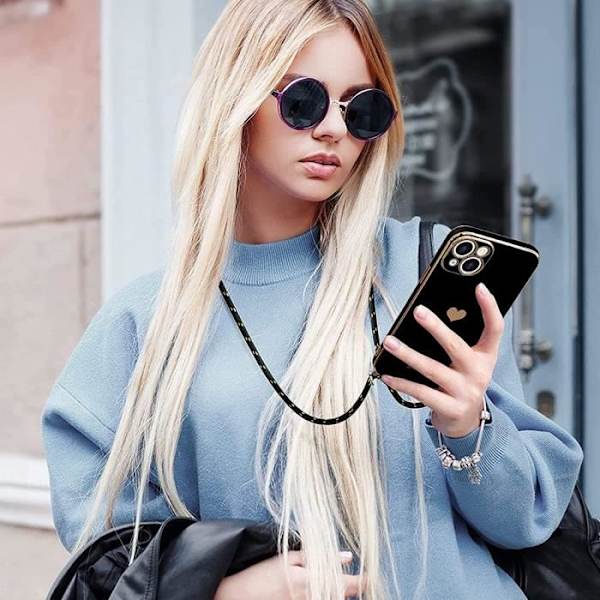 Lanyard-etui til Xiaomi Redmi Note 13 Pro+ 5G - Note 13 Pro Plus 5G, stødsikker TPU, hjertemønster, sort Svart