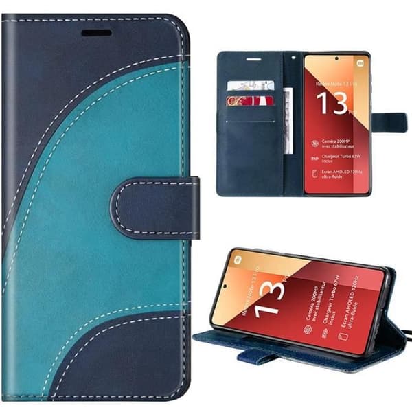 Coque - E.F.CONNECTION - För Xiaomi Redmi Note 13 Pro 4G - Blå Läderlook - Vågformad Mönster - Kortfack och Stöd Blå