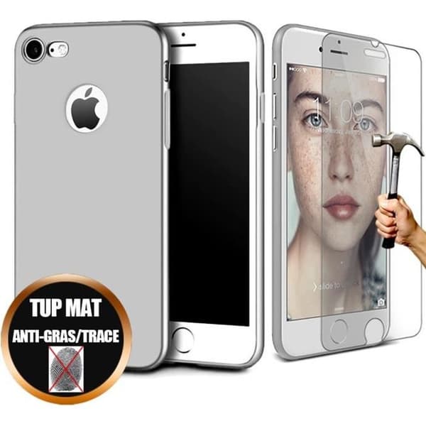 Skyddspaket - Apple - iPhone 7 - Härdat Glas - Stötsäker Silikon Skal - Silver Röd