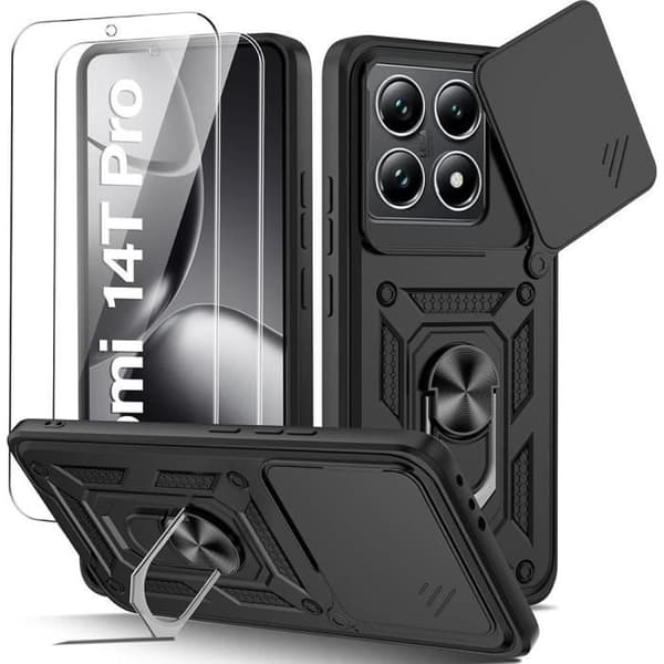 Coque - Xiaomi - 14T Pro - Stötsäker - Ringstöd - Härdat glas Svart