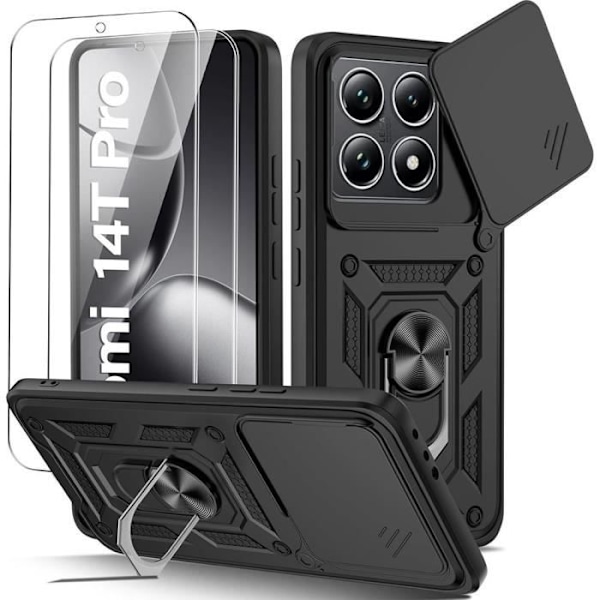 Fodral + 2 härdade glasögon för Xiaomi 14T Pro - Stötsäker styv bakre ringstöd förstärkt kant - svart