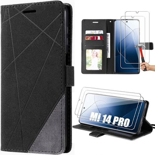 Etui til Xiaomi 14 Pro -Sort- Retro Foldbart Anti-Shock PU læderetui med pung og justerbart stativ + 2 hærdede briller