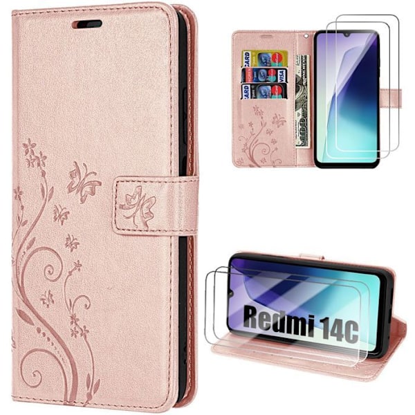 Cover og 2 Dypede Glas til Xiaomi Redmi 14C, Beskyttelse Klap Stødabsorberende Syntetisk Læder Rosa Sommerfuglblomst Mønster Rosa