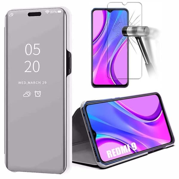 Fodral för Redmi 9(6,53") med härdat glas Trendig design spegeleffekt Anti Shock E Solid Silver silver