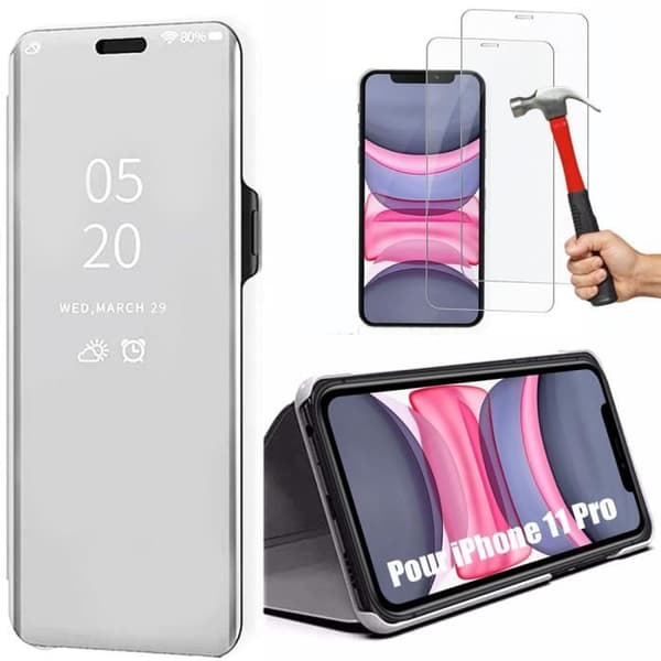Skyddsskal - E.F.CONNECTION - för iPhone 11 - Silver - Flip-design - Pack med 2 Härdat glas Silver