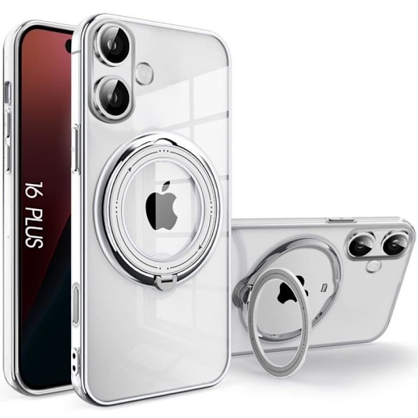 Cover til iPhone 16 Plus - Beskyttelse med roterende magnetisk ring og sølv kromeffektkant