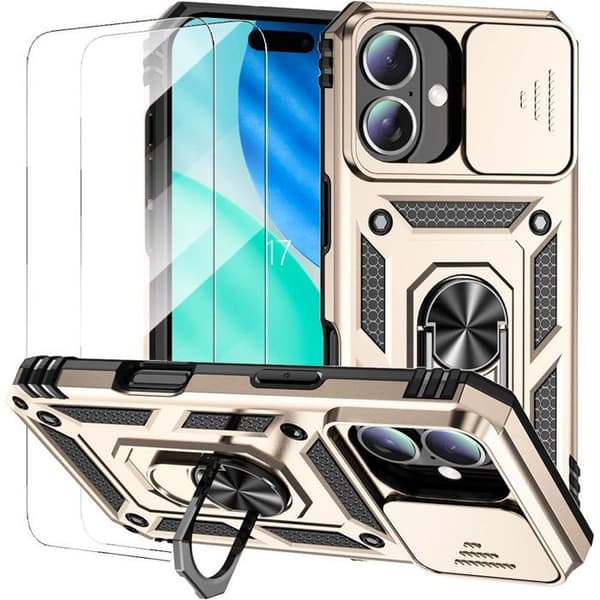 Skyddsskal för iPhone 17 - Guld - Hård - Bakre ring - 2 härdade glas - Stötresistent gyllene