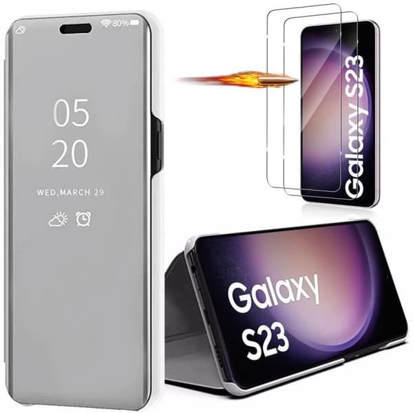 Skyddshölje - Efconnection - för Samsung Galaxy S23 - Silver - Clear View - 2 härdade glas ingår Silver