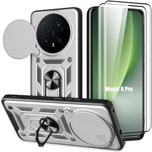 Fodral för Honor Magic 8 Pro, med ring och objektivskydd - Silver - 2 härdade glas Silver
