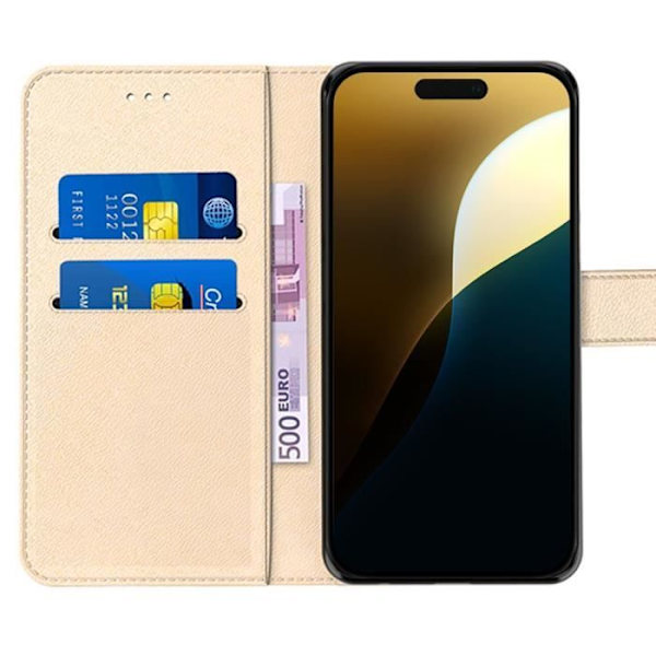 2 härdade glasögon + fodral för iPhone 16 Pro Max, anti-skrapfodral i guld syntetiskt läder