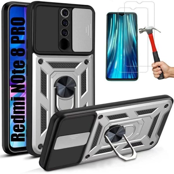 Förpackning 2 härdade glasögon + fodral för Redmi Note 8 Pro (6,53 tum) Silver stötdämpare Stötsäker tjock ryggring mot repor Silver