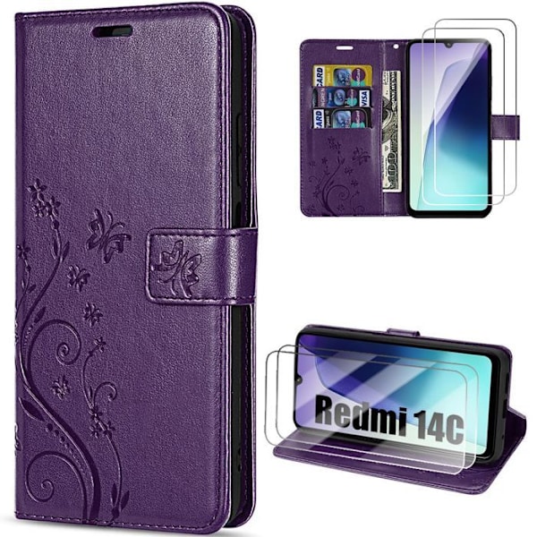 Coque og 2 Glas Dæmpet til Xiaomi Redmi 14C, Stødbeskyttelse i Lilla Nat Kunstlæder med Sommerfugl Plante Mønster Mörklila