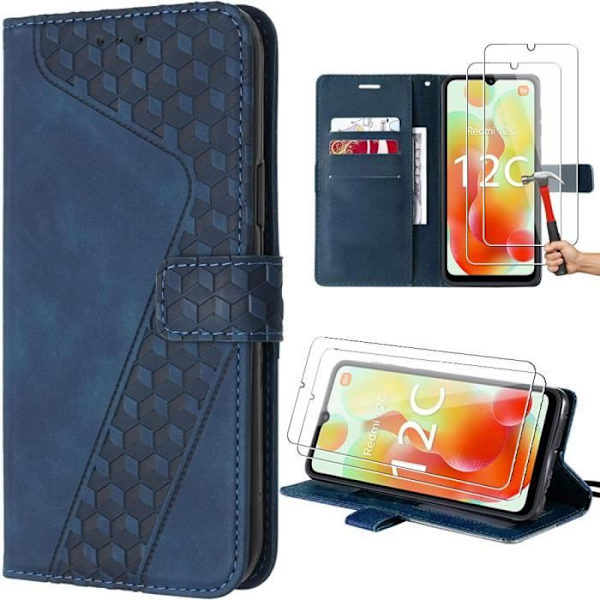 Coque för Xiaomi Redmi 12C-11A - Mörkblå - Skinn-effekt Fodral - Kortficka - Stativ - 2 Härdade Glas marinblå