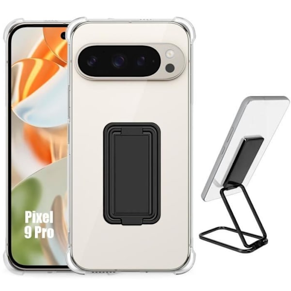 Fodral för Google Pixel 9 Pro, stötsäker transparent silikon med justerbart svart metallstöd
