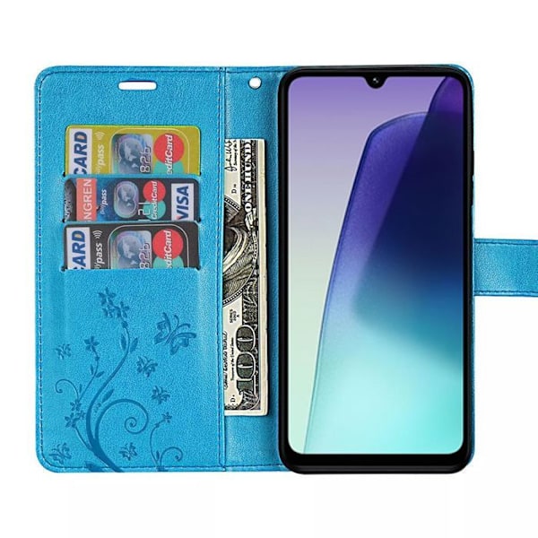 Skal och 2 Fuktiga Glas för Xiaomi Redmi 14C, Repfria Stötskydd i Konstläder med Blommönster och Blå Fjäril Blå