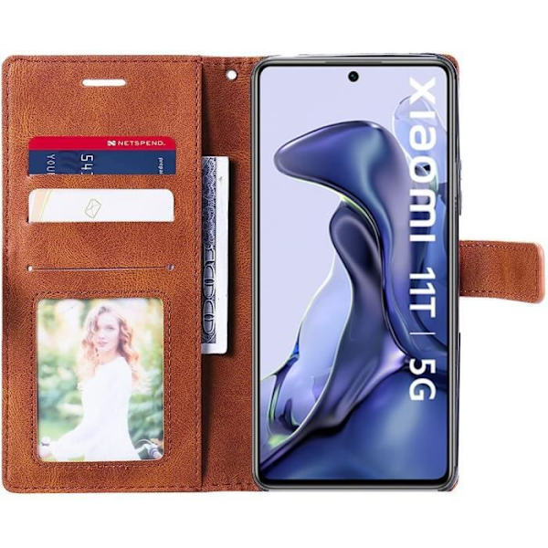 Fodral till Xiaomi 11T - 11T Pro - Helsyntetläder Flip Cover Brun