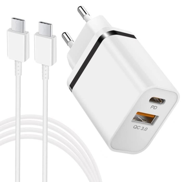 Oplader til væg 2 porte [USB-C + USB-A] med USB-C kabel 1M til Samsung A26 A23 A25 A16 A15 A14 A20e A21 A21s Vit