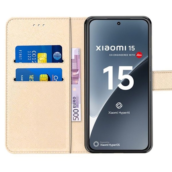 Cover og 2 Fugtige Glas til Xiaomi 15, Fuldt Beskyttelse Anti-Rids Stødabsorberende Kunstlæder Luksus Guld gyllene