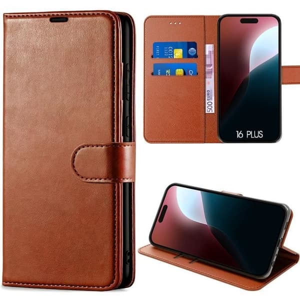 Plånboksfodral - E.F.CONNECTION - iPhone 16 Plus - PU-läder Brun - Flexibel - 360 Grad kastanj
