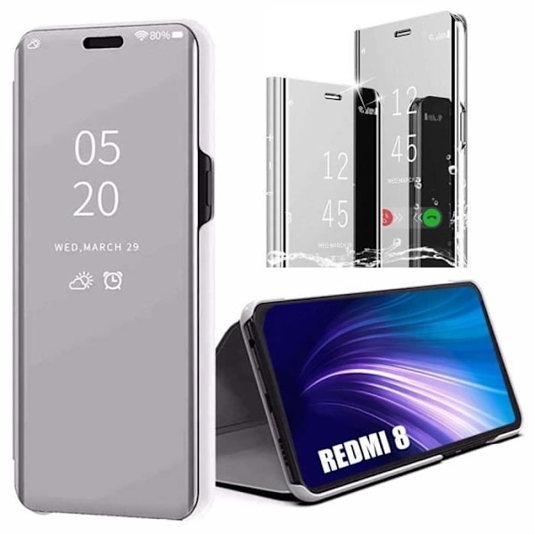 Skyddande skal för Redmi 8 - E.F.CONNECTION - Spegeleffekt - Transparent fönster - Stötabsorberande - Silver - Härdat glas silver