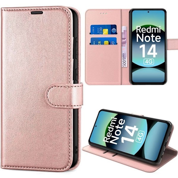 Skydd till Xiaomi Redmi Note 14 4G (inte för 5G) Flip-fodral Stöttålig Syntetiskt Läder Rosa med Kortficka Rosa