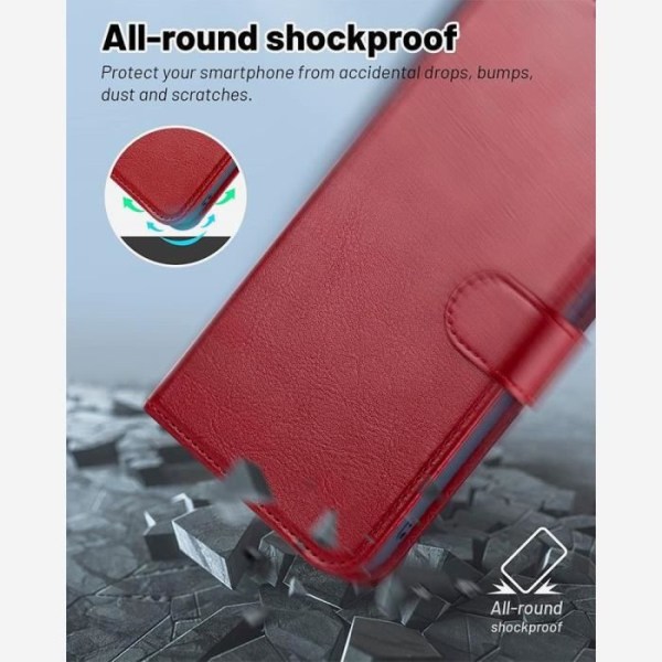 Coque til Xiaomi 13T - Xiaomi - Stødabsorberende PU Læder Etui Rød - Kortholder - 2 Tempered Glas Röd