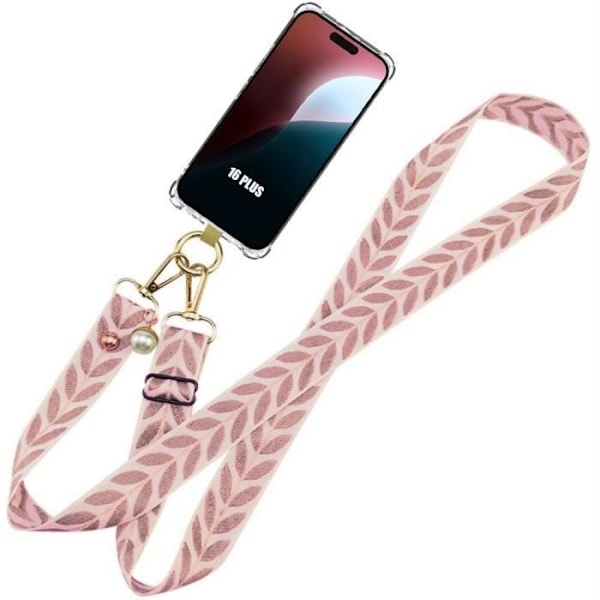 Lanyardfodral till iPhone 16 Plus - Genomskinlig Stötsäker Silikon + Rosa Justerbar Lanyard