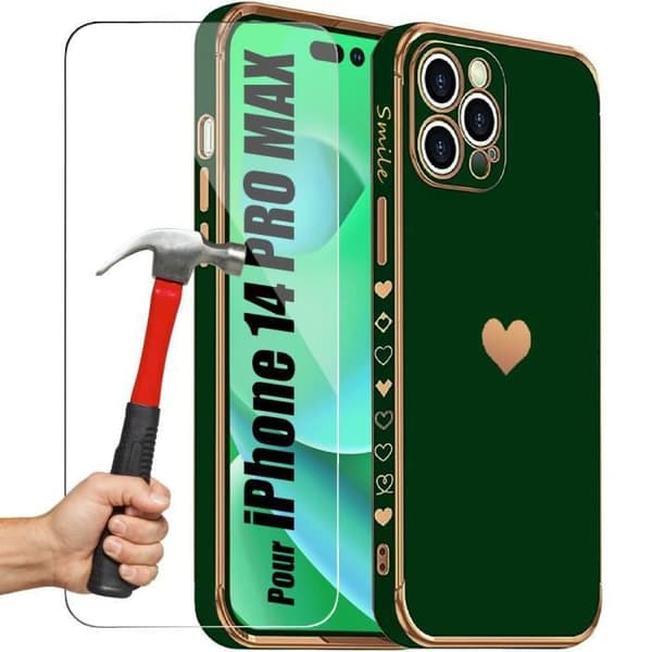 Coque - E.F.CONNECTION - för iPhone 14 Pro Max - Mörkgrön - Hjärtmönster - Rep-resistant - Stötsäker Nattgrönt