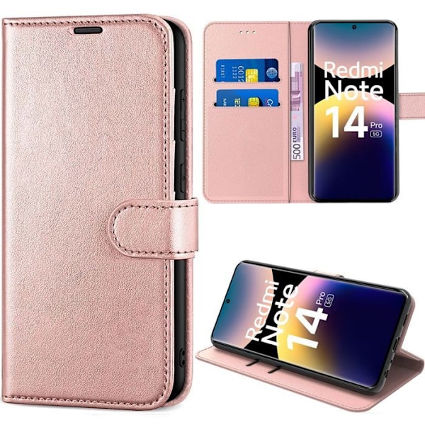 Skyddsväska för Xiaomi Redmi Note 14 Pro 5G (ej för 4G) PU-läder Rosa Stötabsorberande Represistent Rosa