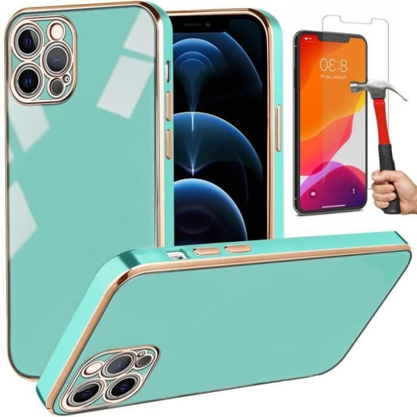 Cover til iPhone 12 Pro (6.1") turkis sæt med 2 hærdet glas Elegant stødsikker anti-ridse luksus blød TPU Turkos