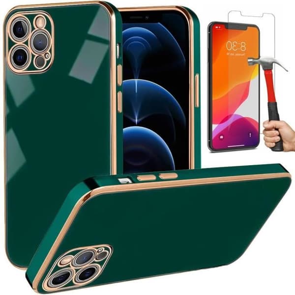Skyddande Skal - Lyxmode - för iPhone 12 Pro - Mörkgrön - Stötresistent - Guldkanter Midnattsgrönt