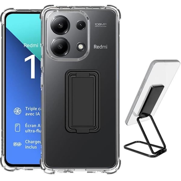 Genomskinligt fodral för Xiaomi Redmi Note 13 4G (inte för 5G) TPU-skydd Förstärkta hörn med vikbart stativ Svart
